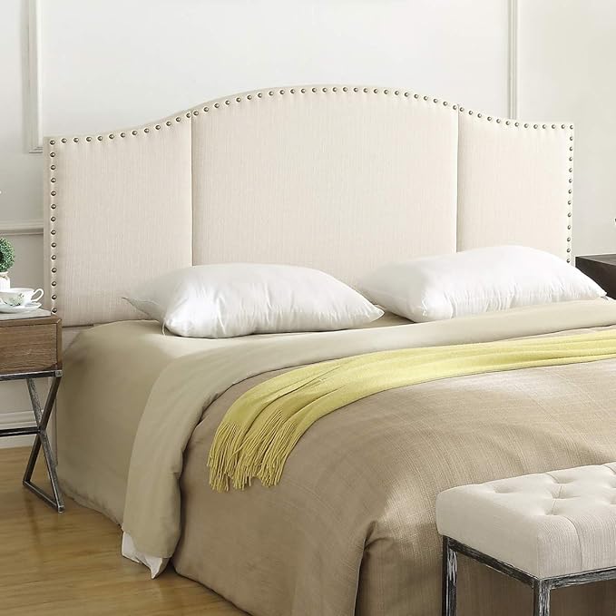 24KF Middle Century Linen Upholstered Tufted King Size Headboard with Antique Brass Nail Heads Trim King/California King headboard-Ivory