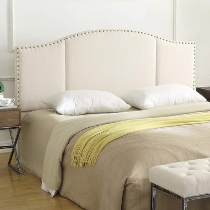 24KF Middle Century Linen Upholstered Tufted King Size Headboard with Antique Brass Nail Heads Trim King/California King headboard-Ivory