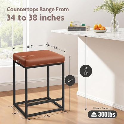 ALPHA HOME 24 Inch Counter Height Bar Stools Set of 2, Upholstered Bar Stools for Kitchen Island, Counter Stools with Faux Leather Cushion and Sturdy Metal Frame, Modern Barstools, Caramel