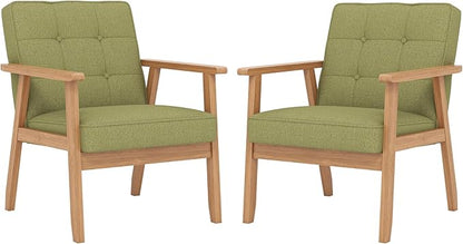KCC Mid-Century Modern Linen Fabric Accent Chair Set of 2, Upholstered Tufted Leisure Chair Comfy Reading Side Chair with Armrest and Solid Wood Frame for Living Room Bedroom Balcony(Green)