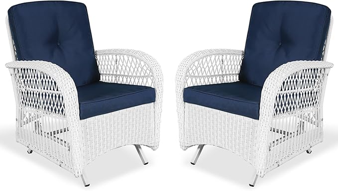 VIVIJASON 2-Piece Outdoor White Wicker Glider Rocking Chair, Patio Rattan Swing Glider Chairs with Cushions & Steel Frame, All-Weather Gliding Lawn Wicker Furniture for Garden Backyard, Navy Blue