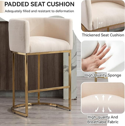 Contemporary Cream Linen Bar Stool, 29" Upholstered Fabric Counter Height Barstool Kitchen Counter Island Stool with Golden Metal Base