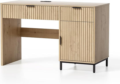 47" Fluted Executive Desk, Modern Wood Home Office Desk with Charging Station, Drawer & Cabinet, Computer Writing Desk for Work Study, Light Oak