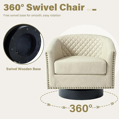 Pia Ricco Faux Leather Swivel Barrel Accent Chairs, 360° Swivel Round Single Sofa Chair, Comfy Upholstered Club Armchair with Nailhead Trim for Living Room/Reading Room/Bedroom,Beige