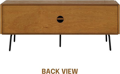 NTC Mossic TV Media Cabinet with 3 Doors for TVs, Entertainment Center with Natural Rattan, Metal Legs, Modern Storage Console for Living Room and Bedroom, Effortless Assembly, Rustic Oak
