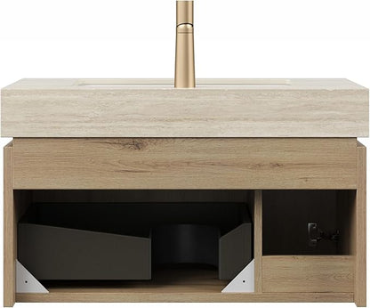 Bathroom Vanity with Sink 30 Inch, Floating Bathroom Vanity Sink Cabinet with Drawer and Door, Undermount Sink & Travertine-Pattern Sintered Stone Top, Pre-Assembled, White Oak