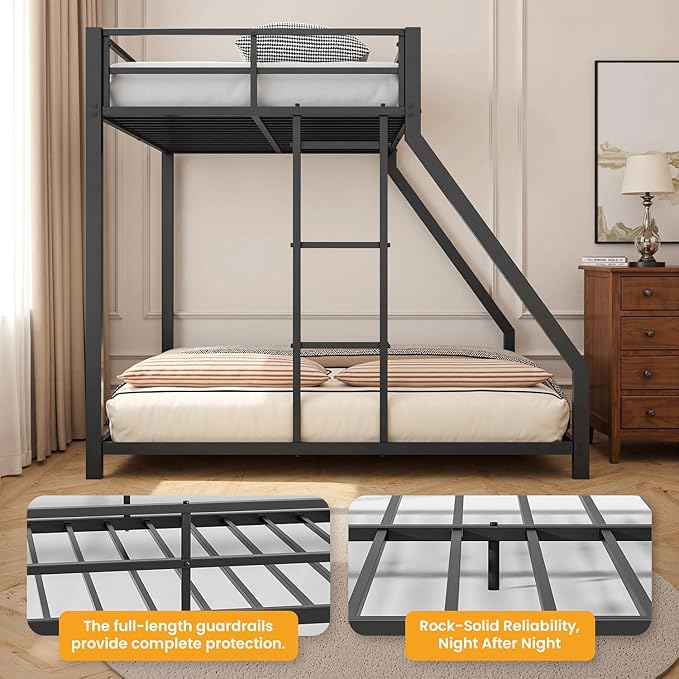 Metal Twin XL Over Queen Bunk Bed for Teens and Adults, Space-Saving/Noise Reduced/No Box Spring Needed, Black