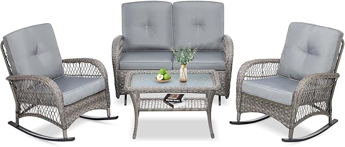 VIVIJASON 4-Piece Outdoor Patio Wicker Conversation Sets, All Weather Outdoor Rattan Furniture Set Includes Glider Loveseat, Coffee Table, 2 Rocking Chairs with Cushions for Backyard, Grey