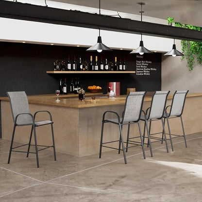 Amopatio Outdoor Bar Stools Set of 4, High Back Outdoor Bar Chairs, All-Weather Textile Bar Height Patio Chair, Sturdy Patio Bar Stools for Backyard, Porch, Light Grey