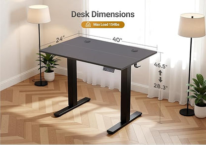 Seang Electric Height Adjustable Standing Desk, 40 x 24 Inch Sit-Stand Workstation with T-Style Frame, 3 Memory Height Options & Built-in Cable Management for Home Office, Black Frame/Black Top