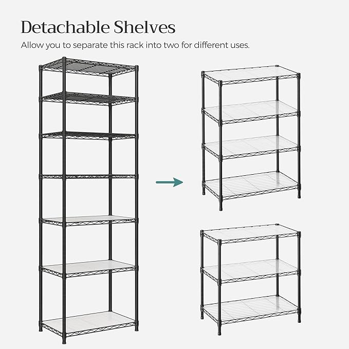 SONGMICS 7-Tier Storage Unit, Wire Shelving, Kitchen Metal Rack With Adjustable Shelves, Shelf Liners, 8 Hooks, for Garage, 13.4 x 23.2 x 70.9 Inches, Black ULGR067B01