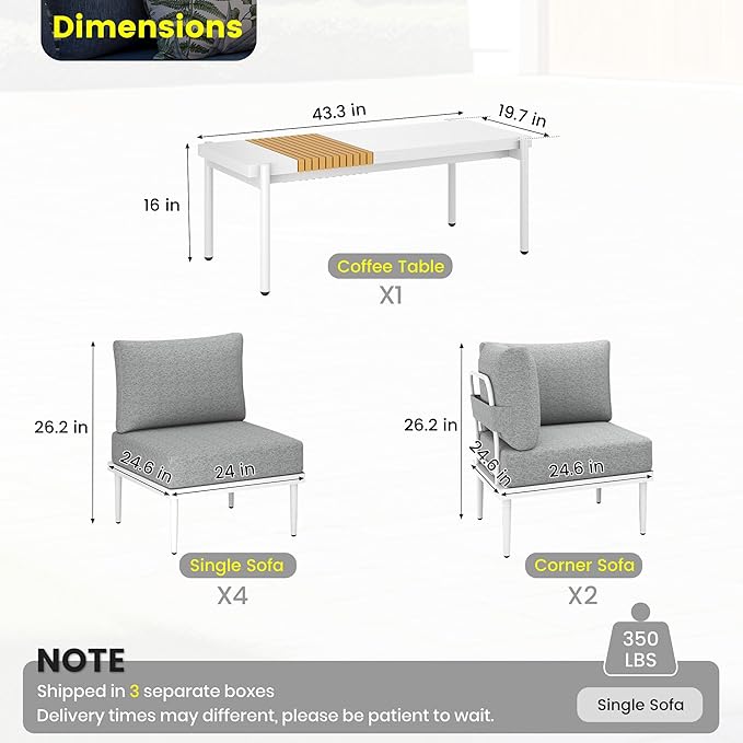 Sundale Outdoor 7 Pieces Metal Patio Furniture Set, Outdoor Sectional Sofa w/6 Inch Olefin Cushion and Coffee Table, Modern Outdoor Conversation Sets (6 Seats, White Frame)