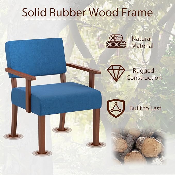 KOMFOTT Upholstered Accent Chairs Set of 2, Mid-Century Modern Armchair with Rubber Wood Frame, Linen Living Room Chairs with Padded Seat & Backrest, Reading Chair for Bedroom, Waiting Room, Blue