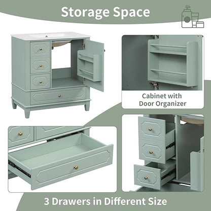 Bathroom Vanity with Ceramic Sink 30 inch, Multi-Functional Storage Cabinet with Drawers and Door Shelf, Solid Wood Frame, Soft-Closing Door, Light Green