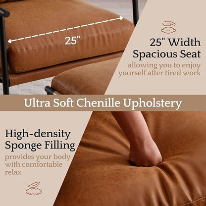 LukeAlon Mid-Century PU Leather Accent Chairs with Ottoman Set of 2, Soft Living Room Chairs with Metal Legs Modern Upholstered Armchairs Lounge Chair with Footstool for Bedroom Reading Room, Brown