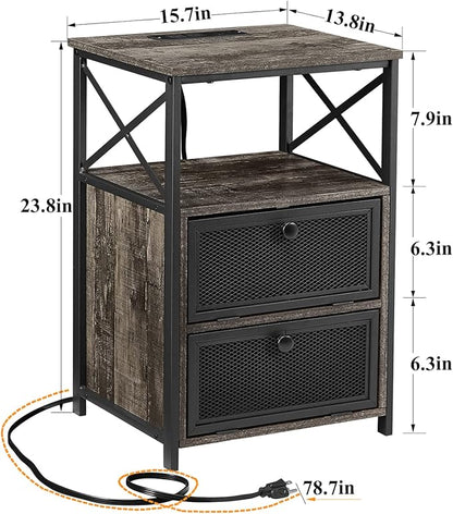 VECELO Oak Gray End Table with USB Ports and Outlets,24 Inch Nightstands with Charging Station and Storage Shelf for Bedroom,Living Room, 1 Set