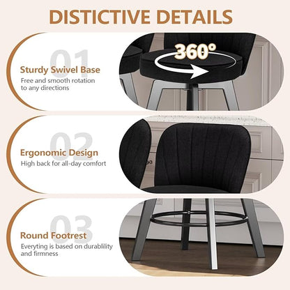 MINCETA Bar Stools Set of 4, 26 Inch Upholstered Barstools with Backrest and Footrest, Swivel Counter Height Barstools for Kitchen Island Home Bar Black