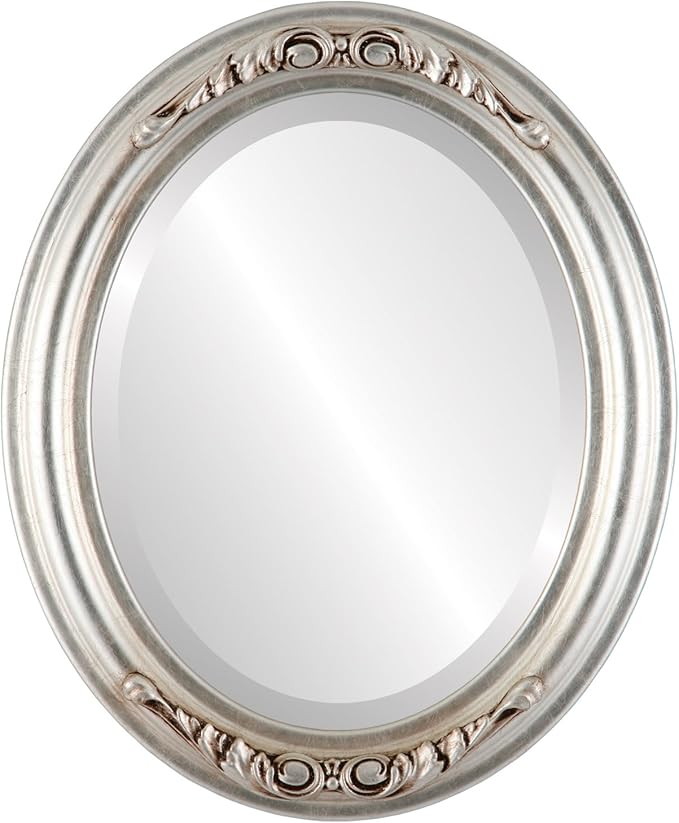 OVALCREST Oval Beveled Wall Mirror for Home Decor - Florence Style - Silver Leaf with Brown Antique - 34" x 24"