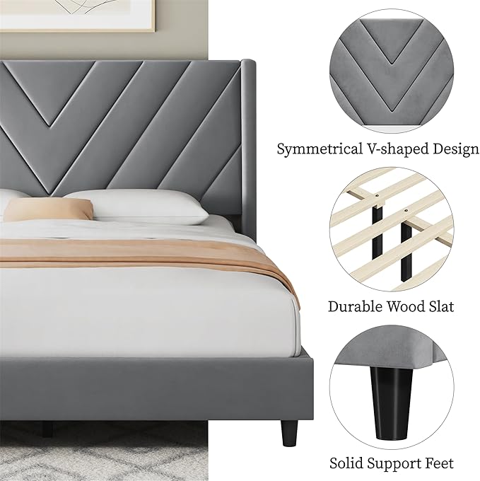 Yaheetech Queen Bed Frame Upholstered Platform Bed with Wing Side/Wooden Slat Support/Tufted Headboard with Wing Side/Mattress Foundation/No Box Spring Needed,Light Grey Queen Bed