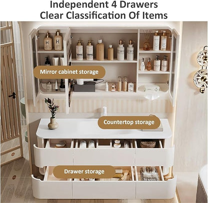44IN Bathroom Vanity - Bathroom Vanity with Sink with Intelligent Induction Light | Wall-Mounted Bathroom Vanity with Intelligent LED Mirror Cabinet & 6 Drawers, Cream Color