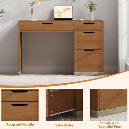 48 Inch Small Desk with 4 Drawers, Computer Desk with Storage File Cabinet for Bedroom, Home Office Desk with Storage for Small Space, Brown