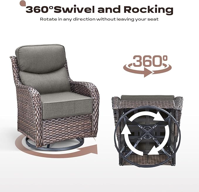 Rilyson Outdoor Patio Swivel Rocker Chairs Set of 2, Waterproof Wicker, High Back, Deep Seating, Wide Armrest, Upgraded 6 inch Thick Cushions, Side Table, Ideal for Deck Porch Yard, Brown-Grey