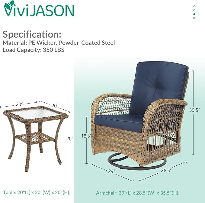 VIVIJASON 3-Piece Outdoor Conversation Bistro Set, Patio Swivel Glider Rocking Chairs Rattan Furniture Sets w/ 2 Rattan Chairs, Cushions, Glass Top Side Table for Porch Backyard, Navy Blue