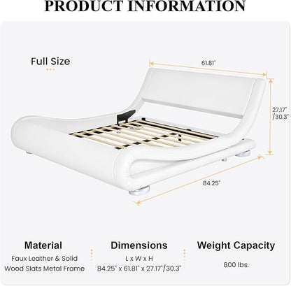 SHA CERLIN Full Size Upholstered Bed Frame, Deluxe Low Profile Sleigh Bed with Faux Leather Ergonomics Headboard, No Box Spring Needed & Easy Assembly, White