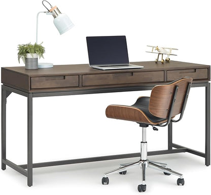 SIMPLIHOME Banting Desk - 60-Inch Wide Solid Hardwood and Metal Writing Desk in Walnut Brown, Modern Industrial Home Office Computer Table for Study with 2 Drawers and Flip-Down Keyboard Tray