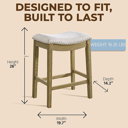 ROME + OAK Set of 3 Parker 26" Counter Stool, Backless Saddle Kitchen Barstool in Natural Wood Finish with Wheat Cream Fabric Upholstery Cushion Seat