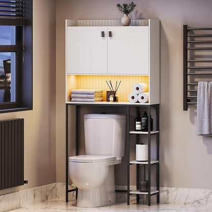 BELLEZE Freestanding Above Toilet Rack with LED Light, Over The Toilet Storage Cabinet with Adjustable Shelf, Bathroom Space Savers Anti-Tipping Device Included - Murano (White)