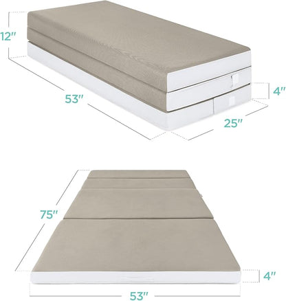 Best Choice Products 4in Portable Full-Size Mattress, Tri-Fold Mattress for Camping, Guest, Toddler, Foam Plush w/Carry Case - Taupe