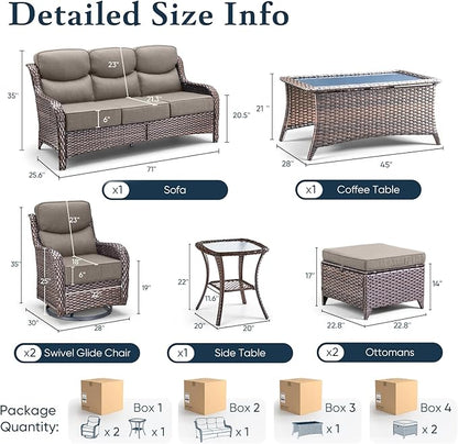 Belord Luxury 6" Thick Cushioned 7 Pieces Patio Furniture Set with Outdoor Couch, Wicker Outdoor Conversation Set with High Back Swivel Rocker Chairs for Deck Porch Yard and Poolside - Brown+Grey