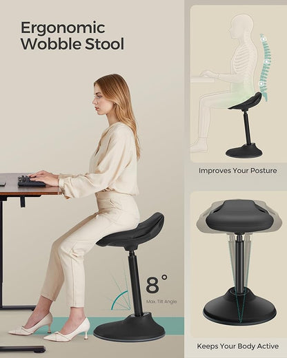 SONGMICS Ergonomic Wobble Stool, Height Adjustable Standing Desk Stool 23.6-33.3 Inches, Swivel Balance Chair with Non-Slip Base, Standing Chair, for Active Sitting, Office, Home, Ink Black UOSC12BK