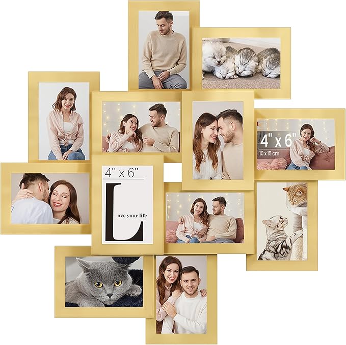 SONGMICS 4x6 Collage Picture Frames, 12-Pack Photo Collage Frame for Wall Decor, Glass Front, Assembly Required, Christmas Gift, Pale Gold URPF022A01