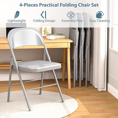 V&LX 4-Pack Double Hinged Chair 30" Metal Folding Steel Chairs Foldable Chair 4 Pack for Wedding Office Meeting Party Patio Outdoor Events, Set of 4,Grey
