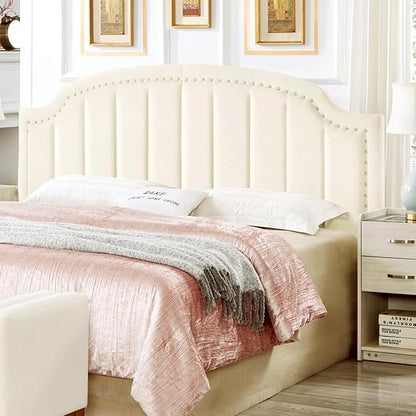 24KF Velvet Fabric Upholstered King/California King Headboard with Nail Trims, Modern Vertical Channel Design with Curved King Headboard, 6052-K-Cream