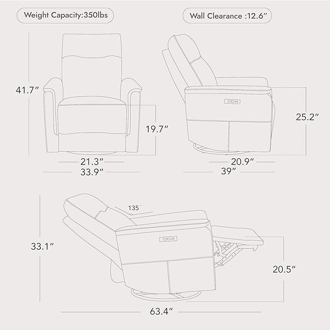 Watson & Whitely Genuine Leather Power Recliner Chairs W Power Headrest for Adults, Swivel Glider Recliner Chair W Charging Ports for Living Room, Dark Brown