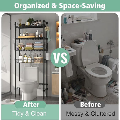 PrimeZone Over The Toilet Storage Shelf - 4 Tier Adjustable Metal Bathroom Wire Shelves Organizer with 2 Hooks, Freestanding Above Toilet Storage Rack for Bathroom Laundry, White