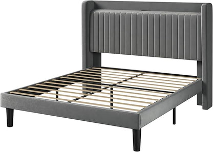 Allewie Queen Size Platform Bed Frame with USB Charging Station and Storage Shelf/Upholstered Velvet Wingback Headboard/Wooden Slats Support/No Box Spring Needed/Easy Assembly, Grey