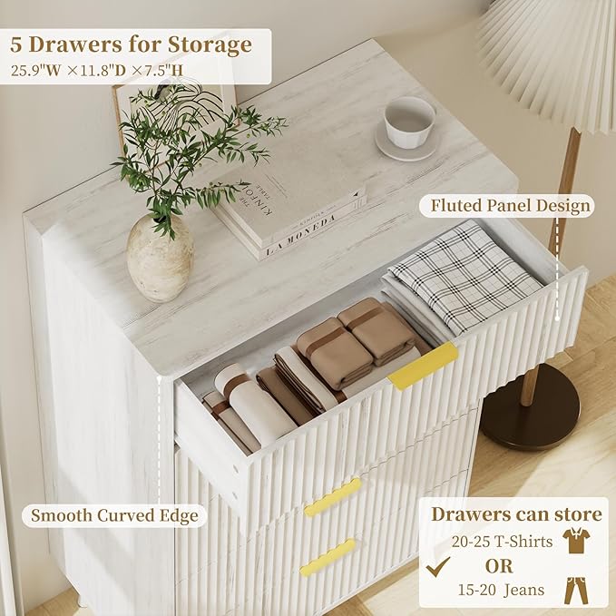 LYNSOM Fluted Dresser and Nightstand Sets 3 Piece, 5-Drawers Dresser and 1-Drawer Nightstands Set of 2, Wood Bedroom Furniture Set for Home, Bedroom, Hallway, White