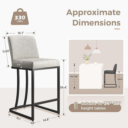 MAISON ARTS Counter Height Bar Stools with Back Set of 6 for Kitchen Counter, 24 Inch Modern Upholstered Faux Leather Barstools Farmhouse Bar Chairs Luxury Island Stools Support 330LBS, Light Grey
