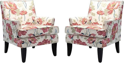 HULALA HOME Modern Accent Chairs Set of 2, Farmhouse High Back Floral Chairs with Wooden Legs & Nail Head Trim, Comfy Upholstered Armchairs for Living Room/Bedroom (Red Yellow Floral)