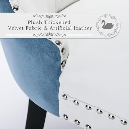 Leather Upholstered Dining Chairs Set of 2, Modern Style Kitchen Side Chairs with Nailhead Trim and Wood Leg, Metal Pulling Ring for Dining Room Living Room(White&Blue,Set of 2)