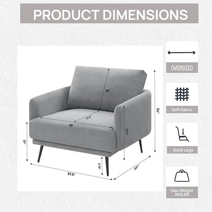 Mid-Century Accent Chair,Modern Oversized Armchair for Living Room,Comfy Upholstered Reading Accent Chairs for Bedroom,Single Sofa Chair (Grey-1PACK)