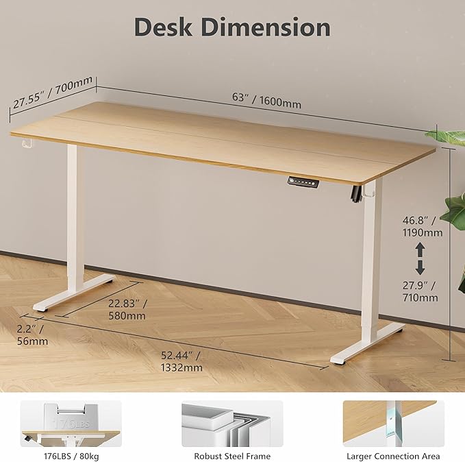 63 x 28 inch Electric Standing Desk Adjustable Height with 4 Wheels, 4 Memory Height Settings, 2 Headphone Hook, for Home Office, Splice Board Oak
