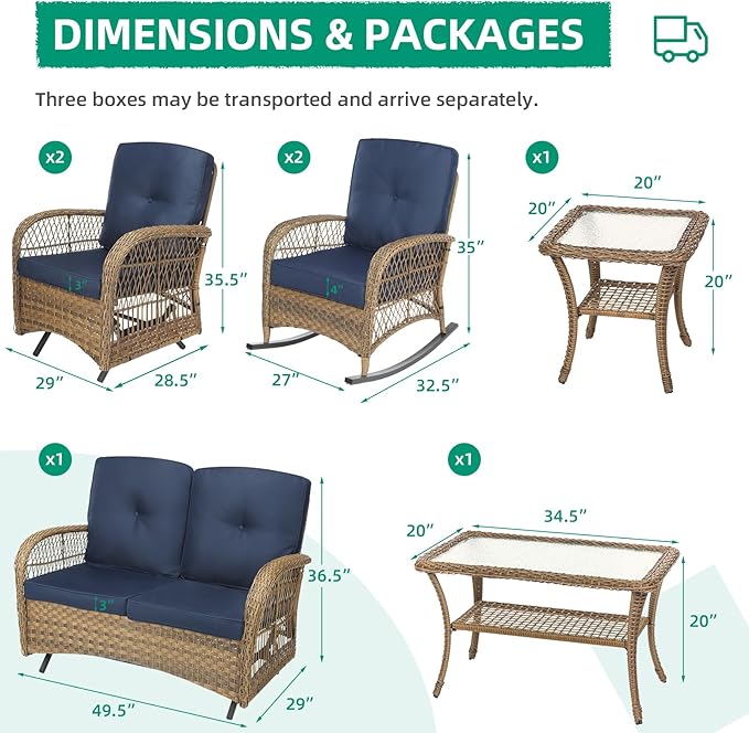 VIVIJASON 7-Piece Outdoor Patio Wicker Conversation Sets, All Weather Outdoor Rattan Furniture Set Includes Glider Loveseat, 2 Rocking Chairs, 2 Glider Rocker Chairs, 2 Coffee Table, Navy Blue