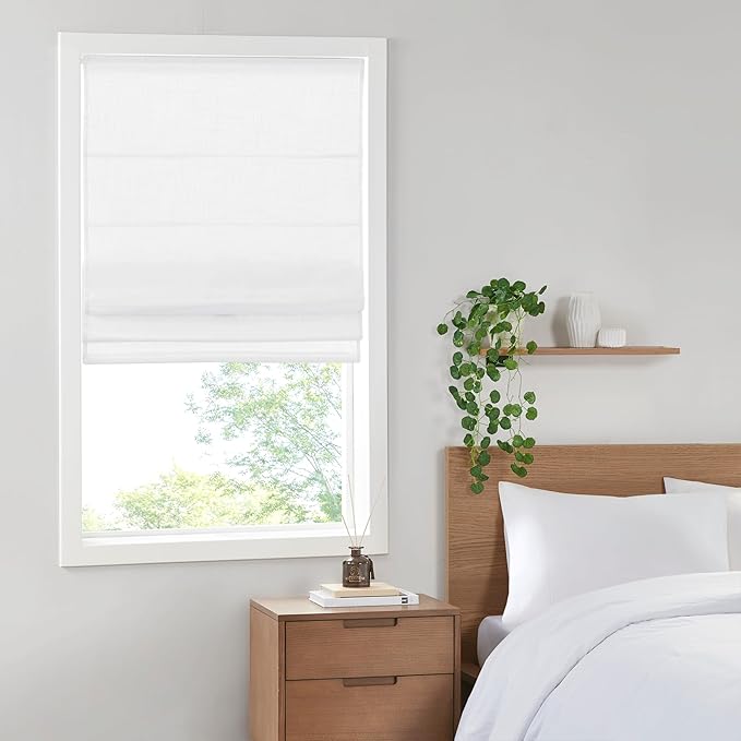 Madison Park Kyler Cordless Roman Shades - Single Panel, Lightweight Linen Blend Fabric, Natural Design, Easy Installation, Light Filtering Window Blind, Bedroom, Living Room Decor 34"W x 64"H White