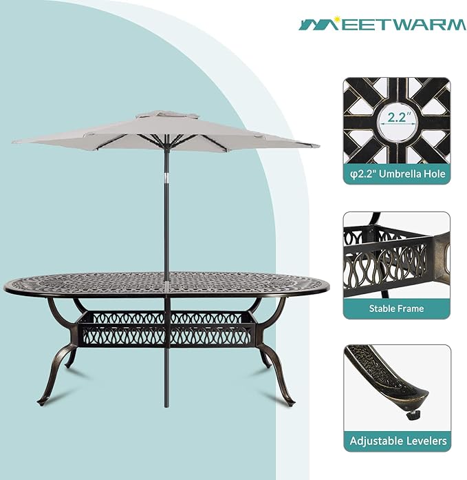 MEETWARM 9-Piece Outdoor Patio Dining Set, All-Weather Cast Aluminum Patio Conversation Set with 8 Cushioned Swivel Rocker Chairs for Backyard Garden Deck, 1 Oval Table, 2" Umbrella Hole