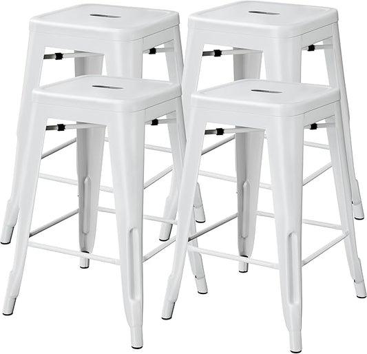 Yaheetech 24 Inch Metal Barstools Set of 4, Counter Height Backless Stools, Industrial Stackable Bar Chairs with Footrest for Kitchen/Dining Room/Bistro/Patio, White